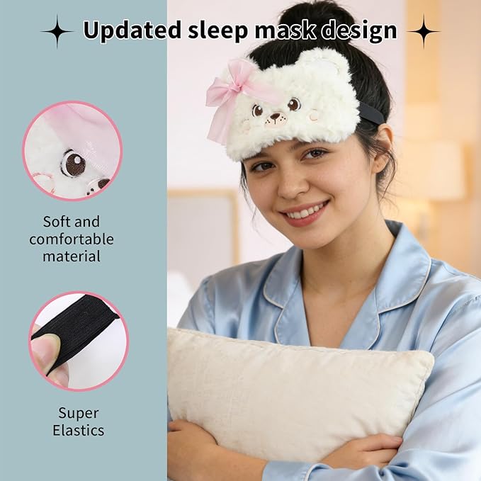 PERFECTSIGHT Sleep Eye Masks, Cute Penguin Plush Sleep Eye Cover Lightweight Adjustable Eyeshade Faux Fur Mask Cover for Women Men Sleep Travel Nap, Lace Bear