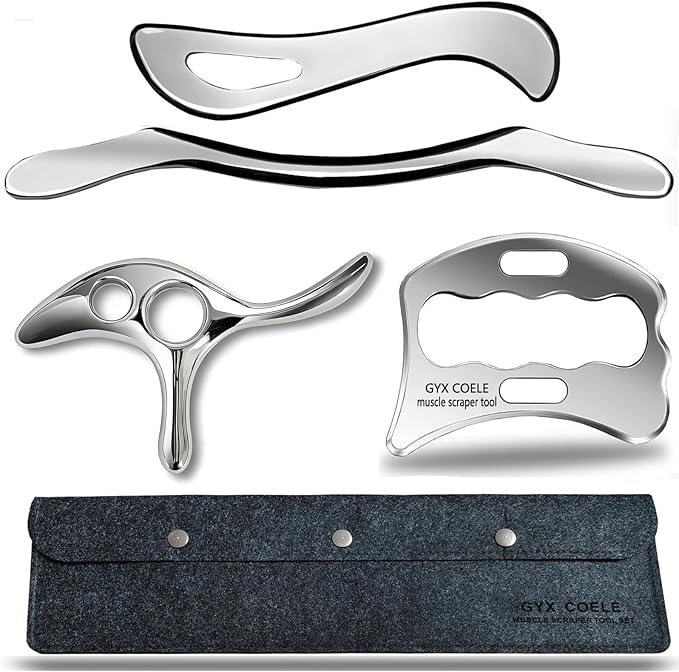 Muscle Scraper Tool Set, Stainless Steel IASTM Tools, 4 Piece, for Physical Therapy and Pressure Point Trigger Point Massage Tool for deep Tissue Pain Relief