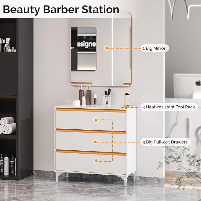 OmySalon Salon Station for Hair Stylists, Free Standing Barber Cabinet with 3 Drawers, Hair Dryer Holders & Square Mirror, Modern Beauty Vanity for Salon, Spa, White Gold