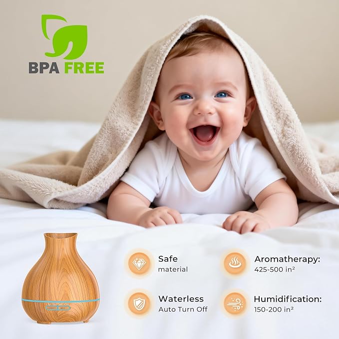 BZseed Aromatherapy Essential Oil Diffuser 550ml 12 Hours Wood Grain Aroma Diffuser with Timer Cool Mist Humidifier for Large Room, Home, Baby Bedroom, Waterless Auto Shut-off,7 Colors Lights Changing