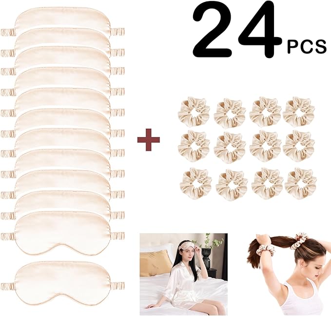 24Pcs Satin Eye Mask Silk Sleep Masks Silky Eyes Cover Blackout Blindfold Eyeshade Scrunchies Hair Ties Travel Wedding Gift