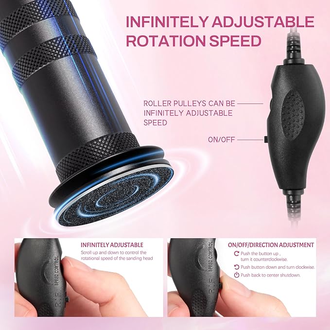 Krofaue Electric Foot Callus Remover for Women - 1200rpm Electric Foot File Callus Remover with Anti-Slip Stripes, 60pcs Sandpaper Discs Adjustable Speed Foot Sander for Dead Skin Womens(Black)