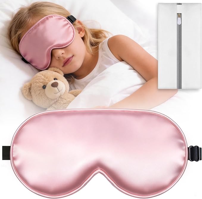Kids Sleep Mask, Kids Eye Mask for Boys Girls, Kid Silk Eye Masks with Adjustable Strap for Sleeping, 100% Light-Blocking Sleep Eye Cover, Includes Protective Laundry Bag (Pink)
