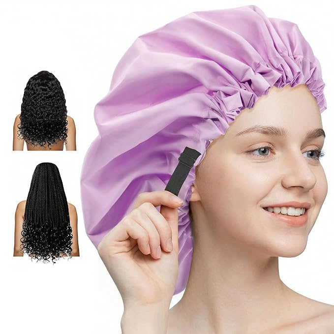 Aquior Shower Cap,Extra Adjustable Shower Caps for Women Double-Layer Waterproof Reusable Hair Cap, Large Size Hair Cap for All Hair,for Girls Spa Bath,Soft and Comfortable (Purple)