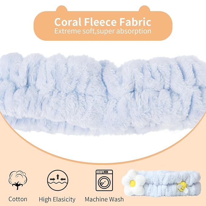 PERFECTSIGHT Kawaii Headband for Spa, Makeup, Washing Face, Party - 2 Pack Cute Hair Band for Shower Beauty Skincare, Soft Facial Headbands for Girls and Women (Blue Flower Bee)