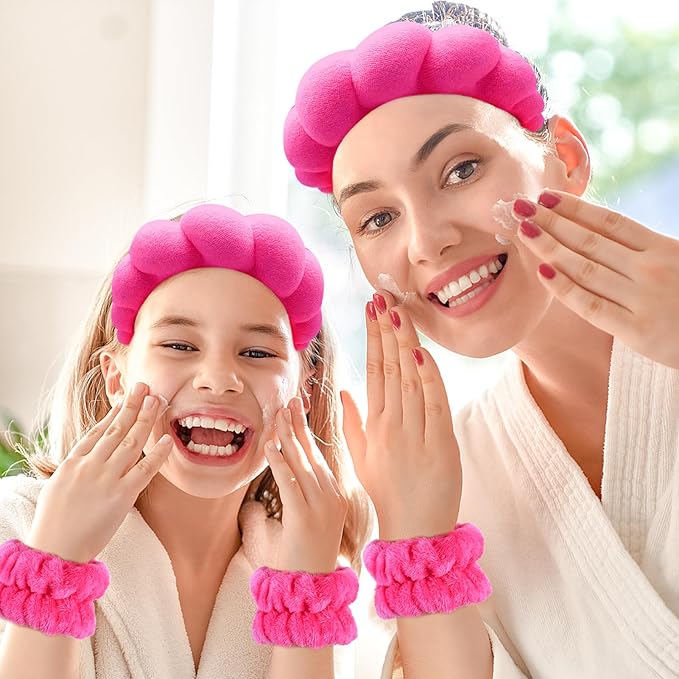Zkptops Spa Headband for Women Sponge Makeup Skincare Headband Washing Face Wristband Set Terry Cloth Bubble Soft Get Ready Hairband Puffy Padded Headwear Non Slip Thick Hair Accessory(Hot Pink-2)