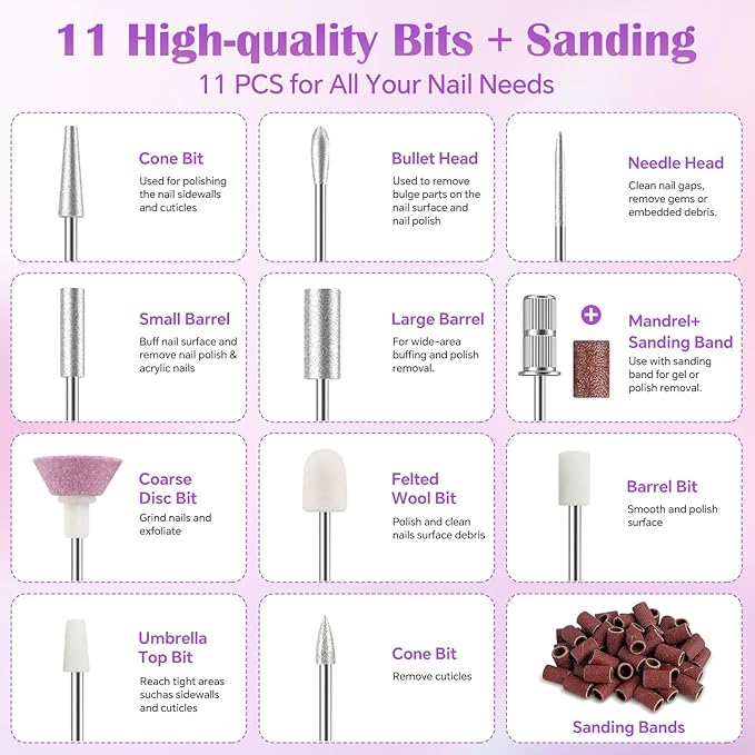 Nail Drill Professional, 45000 RPM Rechargeable Electric Nail File Kit for Acrylic & Gel Nails, Portable Manicure Pedicure Tool for DIY Home or Salon, with 11 Nail Drill Bits & Sanding Band Set