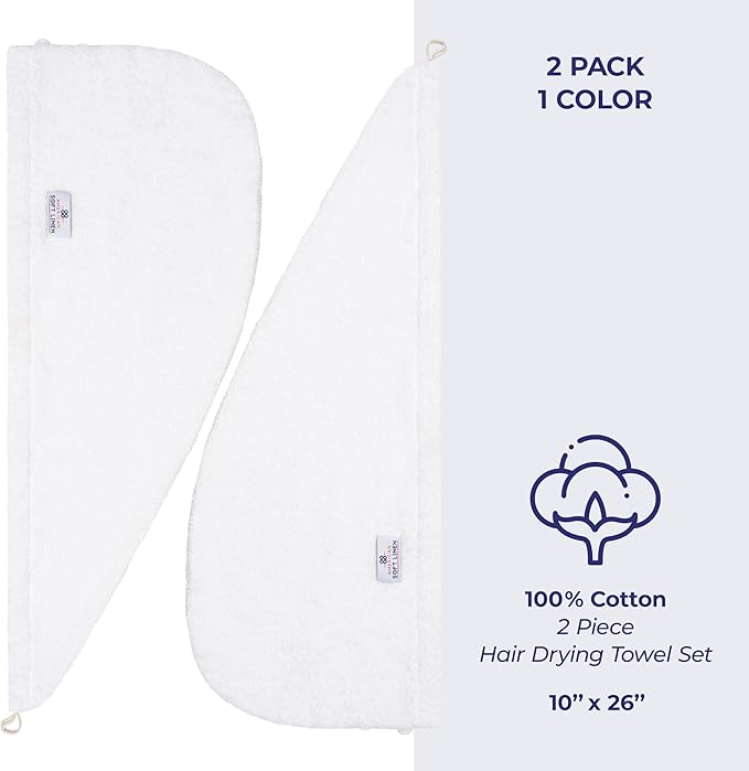 American Soft Linen 100% Cotton Hair Towels for Women, Head Towel Cap, Cotton Hair Turban Towel Wrap for Long Curly Anti Frizz Hair, Soft and Absorbent Cotton Hair Towels 2 Pack, White