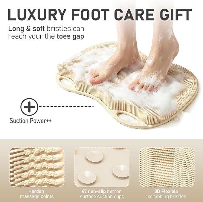 XL Shower Foot Scrubber Mat, Silicone Feet Massage Scrubber in Shower Clean Foot Toes Pad without Bending Non-slip Suction Cups Blood Circulation Exfoliate Smooth Achy Relief 17.4*13.4" Beige
