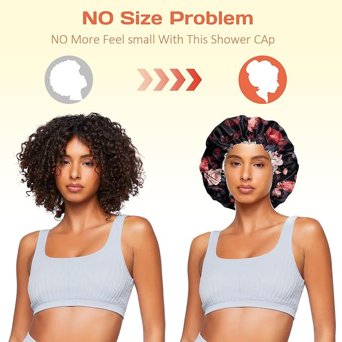 Shower Cap Reusable Double Layer Adjustable Elastic Waterproof EVA Hair Bath Caps for Women Girls Cute Aesthetic-Rose