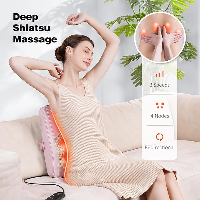 Boriwat Back Massager with Heat, Neck Massager for Pain Relief Deep Tissue, 3D Kneading Massage Pillow for Back, Neck, Shoulder, Legs - Pink