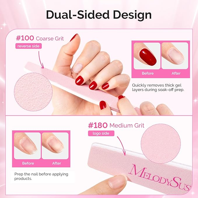 MelodySusie Nail File Kit, 10Pcs Double Sided 100/180 Grit Mixed-Shapee Emery Boards for Nails, Professional Manicure Pedicure Supplies for Home and Salon Use, Mothers Day Gifts, Pink