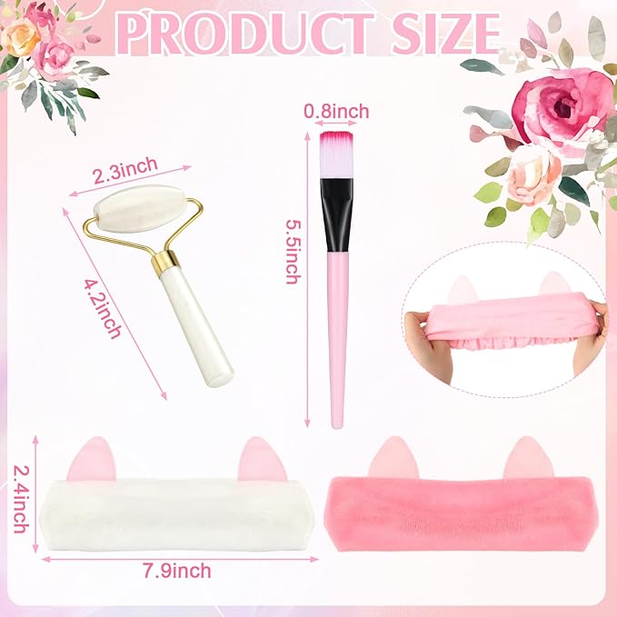 8 Sets Spa Party Supplies include 8 Jade Rollers Face Mask Brushes Face Mask Mixing Bowls Headband for Spa Party Sleepover Slumber Favors