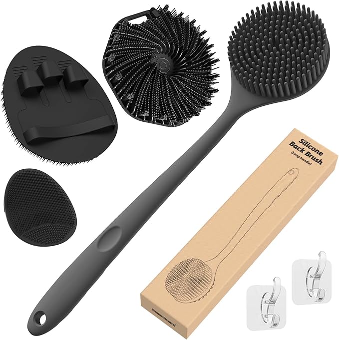 Manmihealth Silicone Back Scrubber & Soft Bath Glove Set 4 PCS(Thick Bristles), Super-Exfoliating Body Scrubber & Super-Lathering Shower Brush Combination, with 2 Adhesive Hooks (Black)