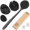 Manmihealth Silicone Back Scrubber & Soft Bath Glove Set 4 PCS(Thick Bristles), Super-Exfoliating Body Scrubber & Super-Lathering Shower Brush Combination, with 2 Adhesive Hooks (Black)