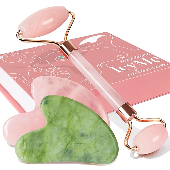 BAIMEI Rose Quartz Roller Set & Xiuyan Jade Gua Sha – Face Massager Tool and Guasha Tool for Face