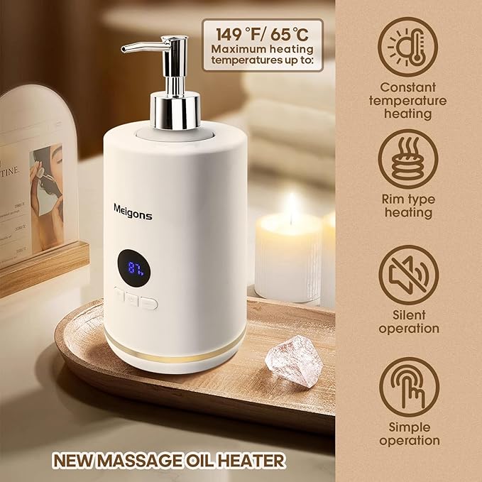 Oil Warmer for Massage, Massage Oil Warmer, Body Oils Heater for Spa, Salon and Barber Shops, with Two Oil Bottle Dispenser, Constant Temperature (White)