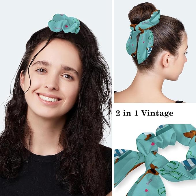 Adjustable Brown Dachshund Dog Blue Surgical Scrub Cap with Button,Sweatband for Women with Bow Hair Scrunchy