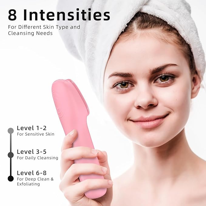 Facial Cleansing Brush Portable Waterproof Rechargeable Face Wash Brush Electric Deep Cleaning for Men and Women (Pink)