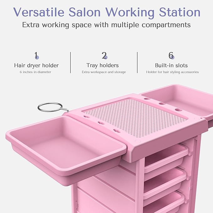TASALON Salon Trolley - Space Saving Rolling Cart for Extra Storage - 6-Tray Multipurpose Salon Cart - Tattoo Tray - Pink