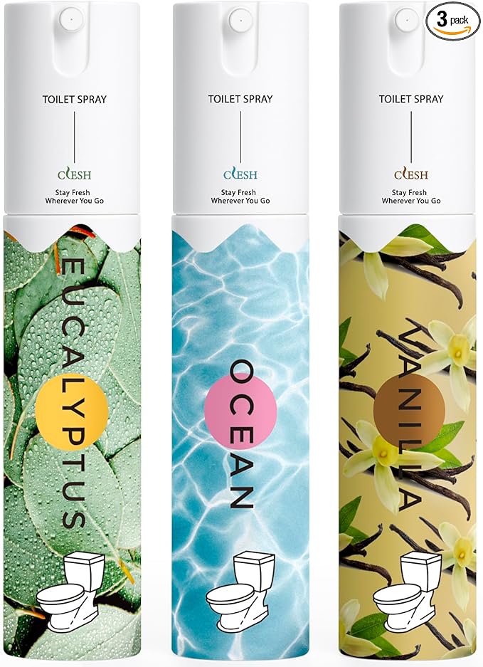 Travel Size Toilet Spray, Bathroom Odor Eliminator, 3 Pack, 1 fl oz Each, Up to 150 Uses, For Home and Travel, Essential Oils Freshener Spray, Ocean, Eucalyptus, Vanilla