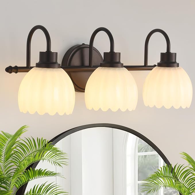 Bathroom Light Fixtures (3-Light, 20 Inch), Oil Rubbed Bronze Vanity Lights for Bathroom with Ribbed White Tulip Glass Shade, Vintage Vanity Wall Lights for Mirror Bedroom Living Room Hallway