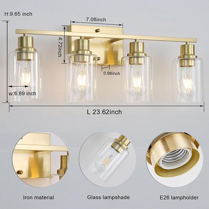 4-Lights Gold Bathroom Light Fixture, Brushed Brass Vanity Light with Clear Glass Shade, Modern Bath Wall Lights for Living Room, Hallway, Bedroom