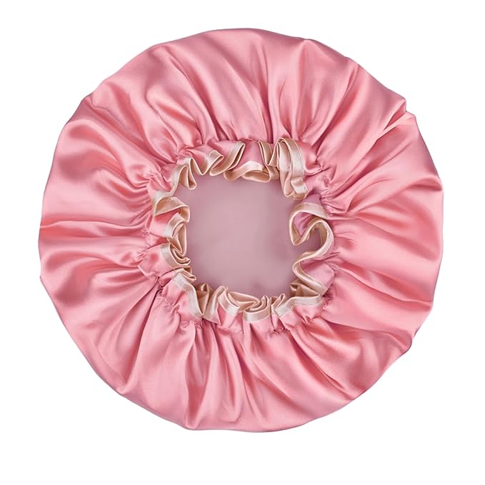 Waterproof Shower Caps for Women, Solid Color Dual-Layer Elastic Band Design Bath Hair Hat, Protects Hair In Shower, Spa, Cooking, Clean & Travel (Deep Pink)