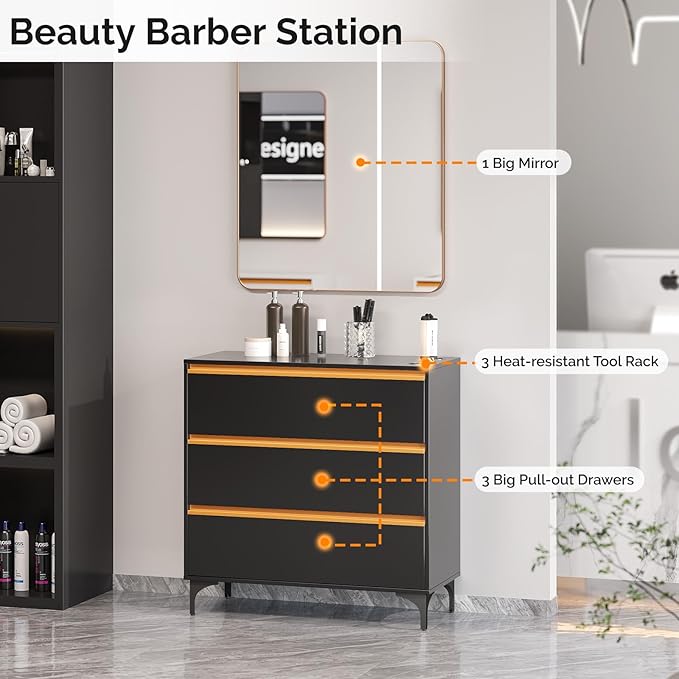OmySalon Salon Station for Hair Stylists, Barber Free Standing Styling Cabinet with 3 Drawers, Square Mirror & Hair Dryer Holders, Modern Black Gold Beauty Dresser for Salon, Spa, Home