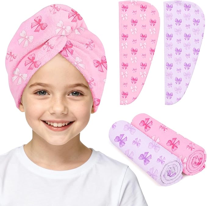 Microfiber Hair Towel Wrap for Kids 2 Pack Quick Drying Hair Towels with Button Hair Turbans for Wet Hair Absorbent Quick Dry Wraps Head Towel Wrap for Women and Girls, Pink Purple Bow