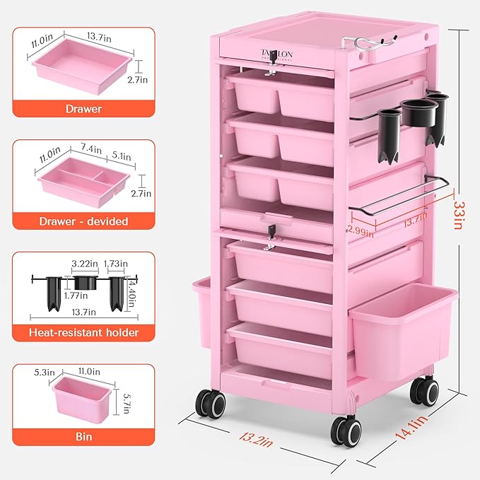 TASALON Pink Lockable Salon Cart with Wheels, Beauty Salon Station Trolley with 6 Drawers & Heat-Resistant Tool Holders, Rolling Barber Organizer for Hair Stylist, Spa & Tattoo Studio