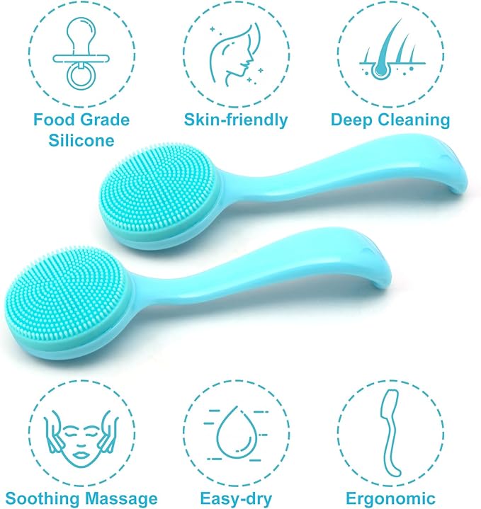 HINZIC 2 Pack Silicone Manual Facial Cleansing Brush, Skin Friendly Waterproof Face Cleaning Scrubber Exfoliator Cleanser for Blackheads Whiteheads Makeup Residues Removal- Blue