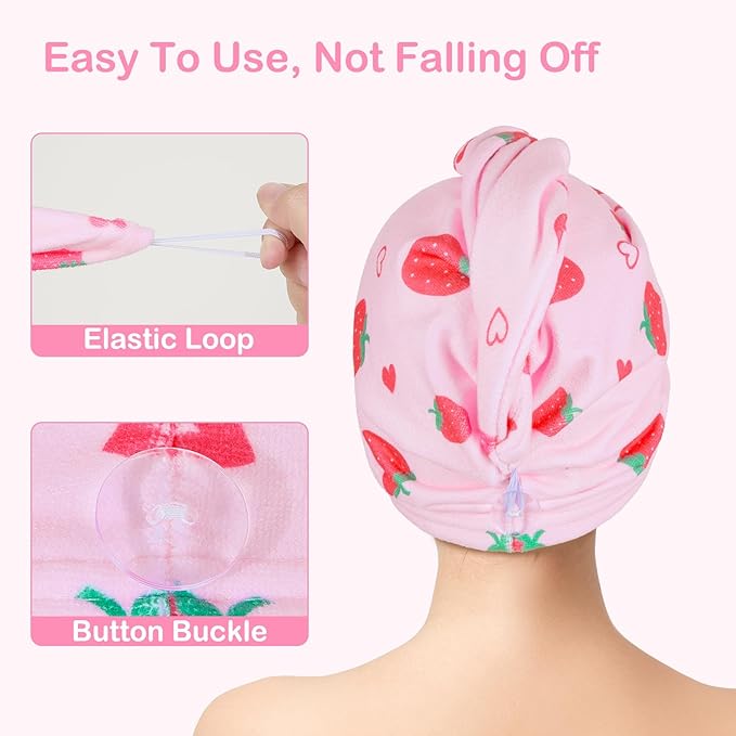 FIOBEE Microfiber Hair Towel Wrap for Kid Rapid Drying Towel Absorbent Hair Turbans for Wet Hair with Button Women Girls Long Curly Hair Pack of 2, Pink Strawberry
