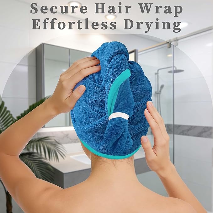 VOOVA & MOVAS Aqua & Blue Microfiber Hair Towel Wrap for Women 2Pcs, Super Absorbent Quick Dry Hair Towels for Wet Hair After Shower, Soft Lightweight Hair Wraps