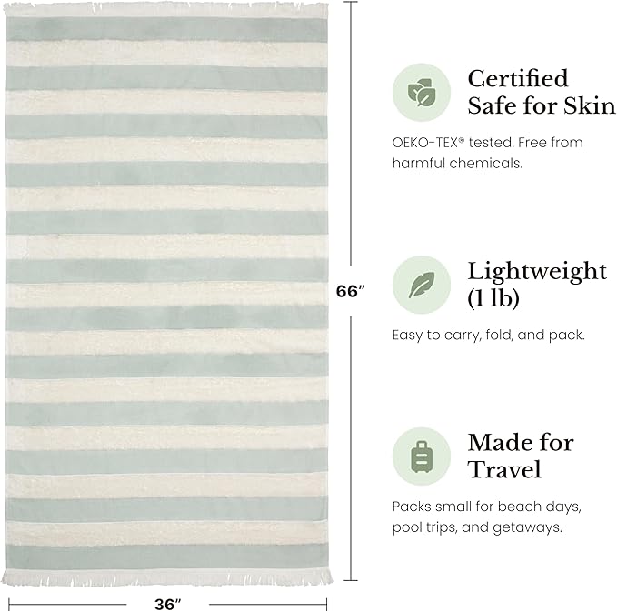 Lightweight Turkish Beach Towel - 100% BCI Cotton, Unbleached Raw Fringe, Oeko-TEX Certified, Absorbent, Eco-Friendly, 36x66”, Sea Green & Natural Stripes, Portable Sarong Blanket for Pool, Travel