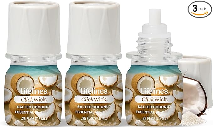 Lifelines ClickWick Essential Oil Blends for Lifelines Diffusers, 3-Pack Salted Coconut Set – Essential Oil Blend Refill for Candle, Plant & Shower Aromatherapy Diffuser – Fragrance for Diffusers