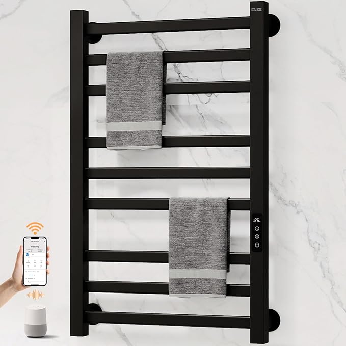ENZE Smart Heated Towel Rack, 9-Bar Wall-Mounted Electric Towel Warmer 230W, Wi-Fi App Control & LED Touch Screen, Adjustable Temperature & 24H Timer, IPX5, Plug-in/Hardwired, Matte Black
