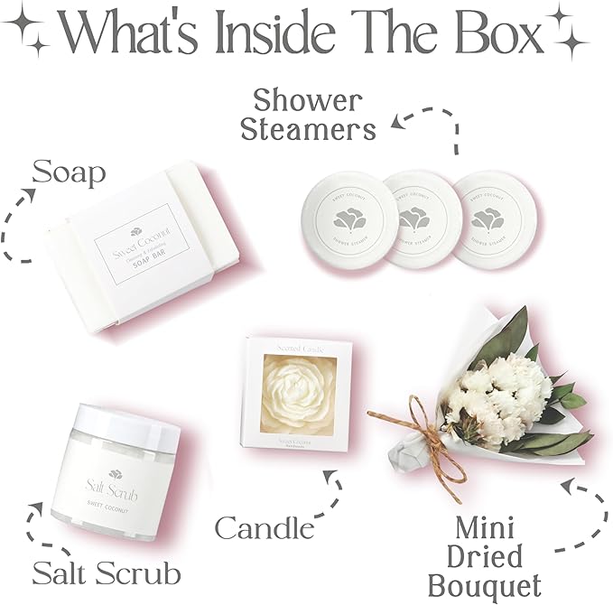 Mothers Day Spa Basket for Women – Sweet Coconut Luxury Candle & Bath Set, Handmade Self Care Birthday Box for Mom