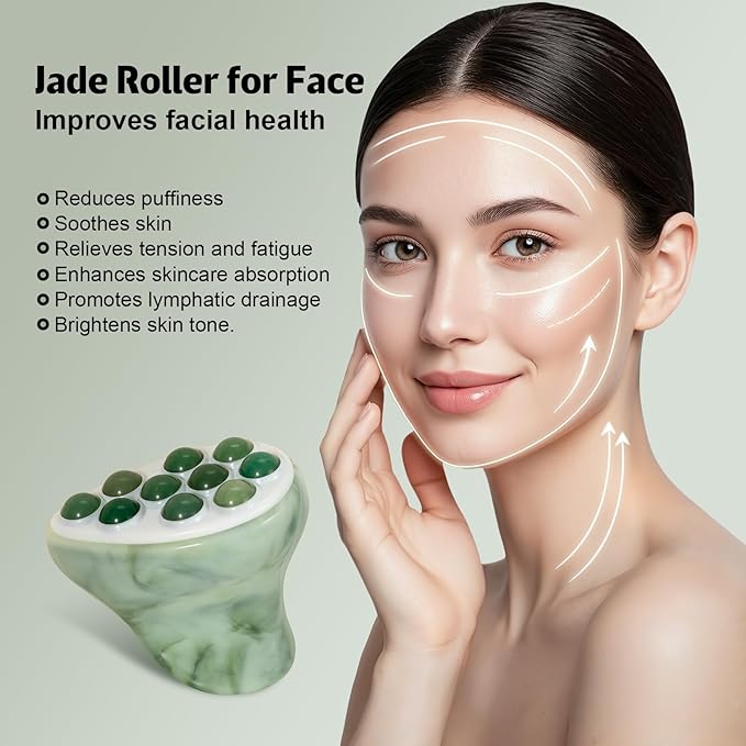 Jade Roller for Face, Gua Sha Facial Tool, Ice Eye Massager for Puffy Eyes & Dark Circles, Cold Skin Care Face Roller, Lymphatic Drainage Stone Massager, Neck Chin Jaw Line Lifting (Green)