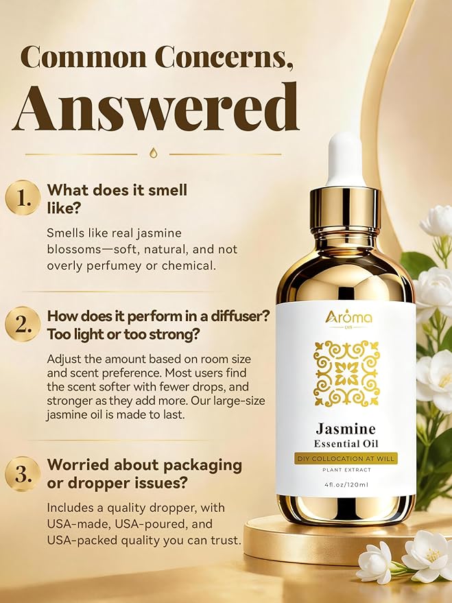 100% Pure Jasmine Essential Oil 4 fl oz - Essential Oils for Skin, Essential Oil for Diffusers, Home Fragrance, Aromatherapy & DIY Candle Making, Gifts for Women