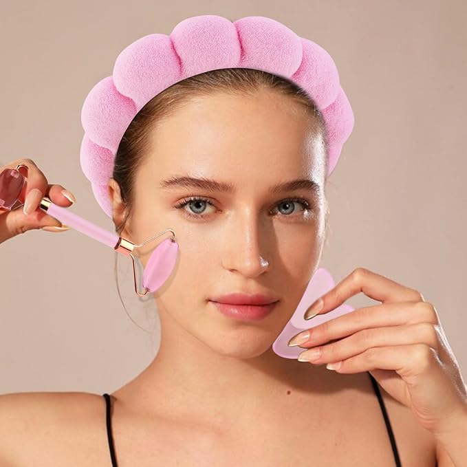 Chanaco Spa Headband and Wristbands for Women Skincare Headband for Washing Face Gua Sha & Jade Roller Facial Tools Pink Makeup Fash Wash Hairband Teen Girl Gifts Trendy Stuff