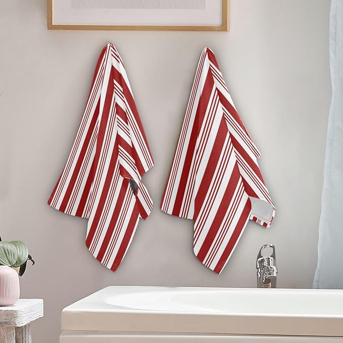 Abstract Red and White Striped Hand Towels for Bathroom Set of 2,Christmas Candy Cane Pattern Decorative Bathroom Towels for Bath,Face,Hair,Soft Absorbent Dish Towels for Kitchen Decor 28"x14"