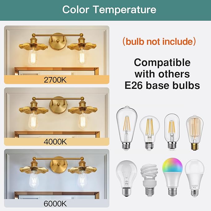 ZGLAOJT 2 Light Vintage Vanity Light Gold Bathroom Light Fixtures Over Mirror.