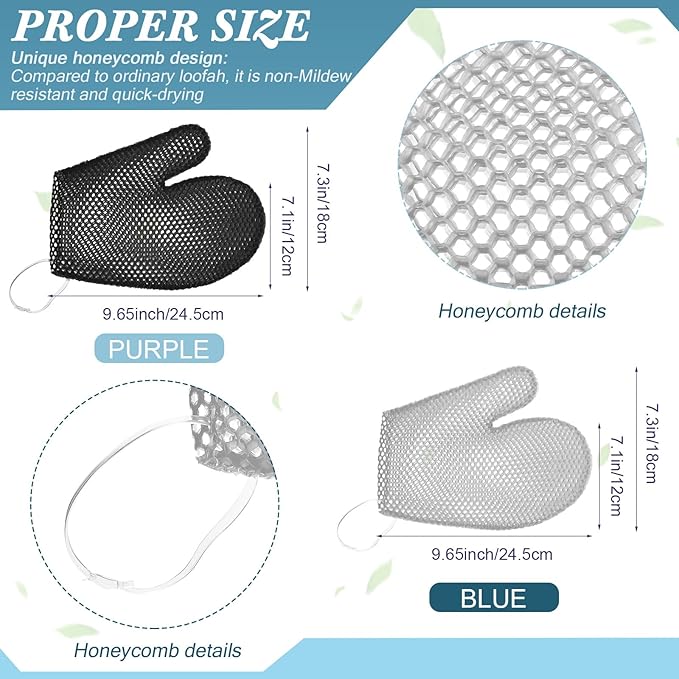 Karenhi 2 Pcs Honeycomb Exfoliating Glove Bath Mitt Body Spa Scrubber, Honeycomb Exfoliator Glove for Body Shower, Scrubber Sponge Shower Loofah, Quick Drying (Black,Grey)