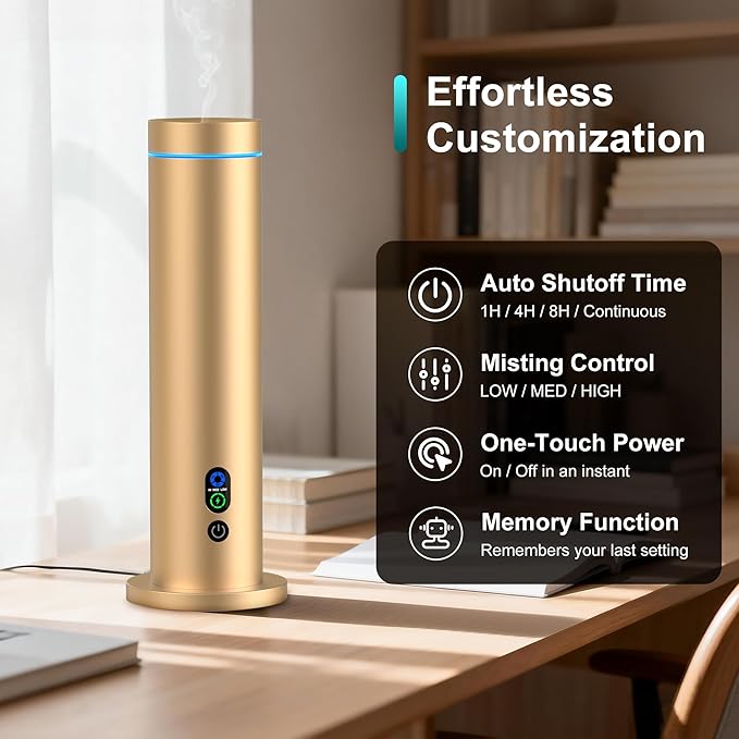 Maromalife Waterless Diffuser, Essential Oil Diffuser, 1000 Sq.Ft Coverage Scent Diffuser – Plug-in Only, Adjustable Mist, Remote, Mood Lights for Home & Office, Large Room, Hotel, Gold