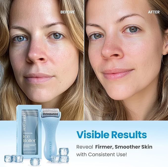 PLANTIFIQUE Ice Roller for Face - Stainless Steel Cooling Eye Roller - Reduce Puffiness, Improve Lymphatic Drainage & Soothe Skin