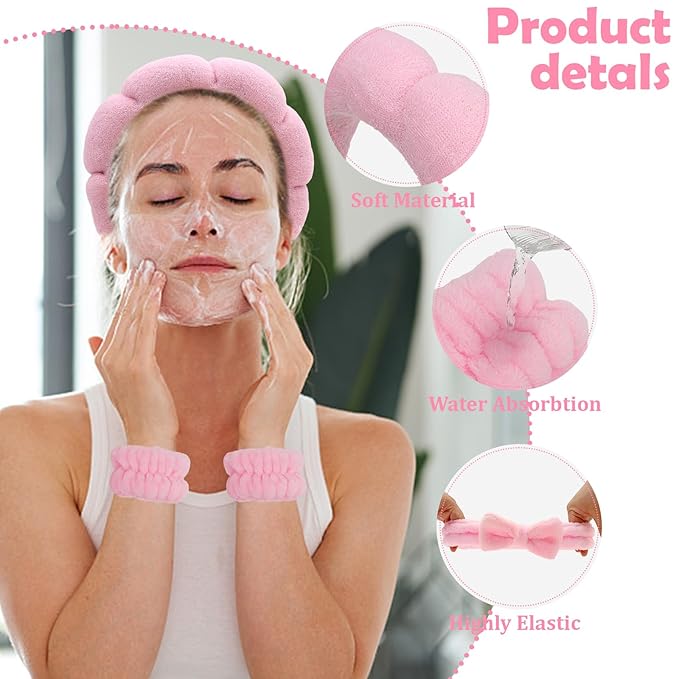 Pink Spa Headband and Wristband Set with Bow for Washing Face, Skincare, Makeup - Sponge Cloud Headband for Women Girls