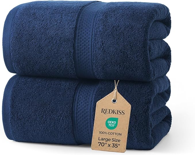 REDKISS 2 Pack 70"x35" Extra Large Bath Sheets for Bathroom - 100% Cotton Soft Fluffy Quick Dry Lightweight Towels for Tall or Curvy Adults, Full Body Coverage Shower, Pool, Yoga Travel, Blue
