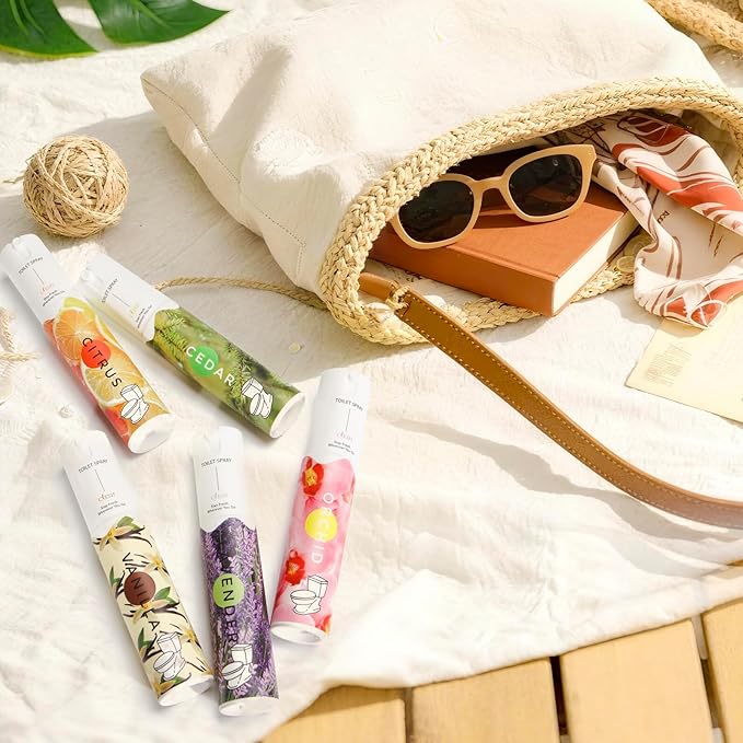 Travel Size Toilet Spray, Bathroom Odor Eliminator, 5 Pack, 1 fl oz Each, Up to 250 Uses, For Home and Travel, Essential Oils Freshener Spray, Orchid, Citrus, Vanilla, Cedar, Lavender