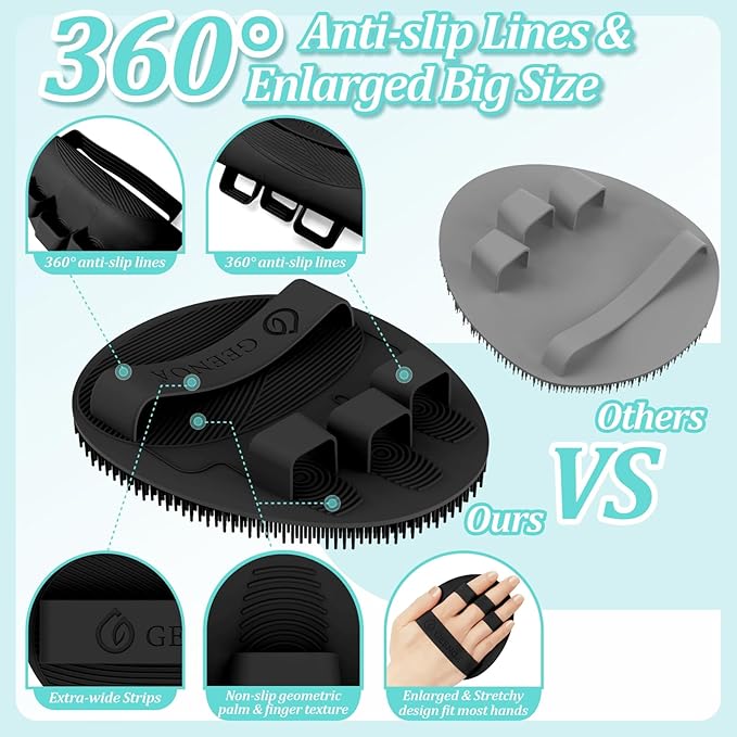Silicone Body & Face Scrubber Set, 360° Anti-Slip & Hand-fit Silicone Shower Scrubber for Rich Foaming Deep Cleaning, Unique Facial Scrubber with Side-bristles for Contoured Areas.(Black)